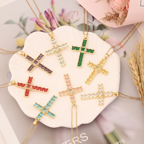 Collana Con Pendente A Croce Rame Zircone Colorato Hip Hop Gioielli Di Moda Per Donne Catena In Acciaio Inossidabile Galvanizzato