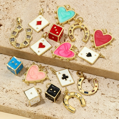 Heart Dice Poker Card Ace Horseshoe Charms Pendants Copper Enamel Zircon For DIY Jewelry Making Accessories