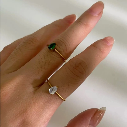 French Minimalist Adjustable Open Ring 18K Gold Plated Titanium Steel Pear Shaped Zircon Waterdrop Elegant Jewelry For Women