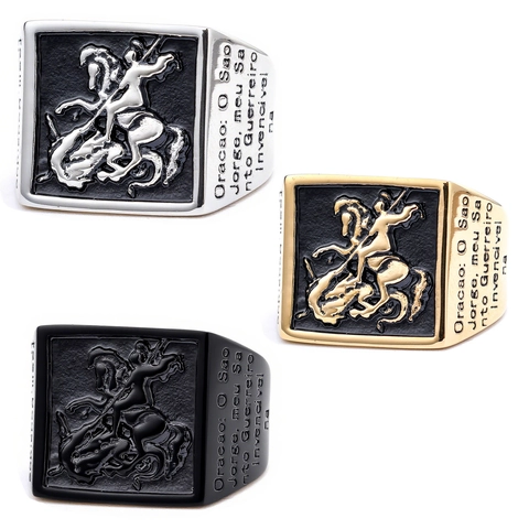 Anello Sigillo San Giorgio Uccisore Di Draghi Acciaio Inossidabile Rilievo Quadrato Preghiera Religiosa Incisa Retro Punk Gothic Per Uomo