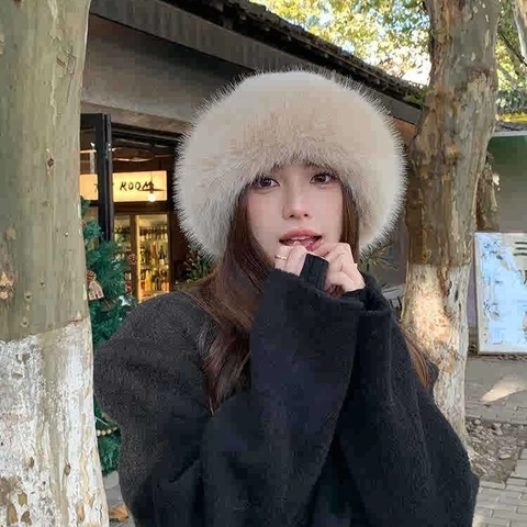 Women Faux Fur Bucket Hat Thickened Warm Winter Mongolian Style Round Top Plush Solid Color Windproof