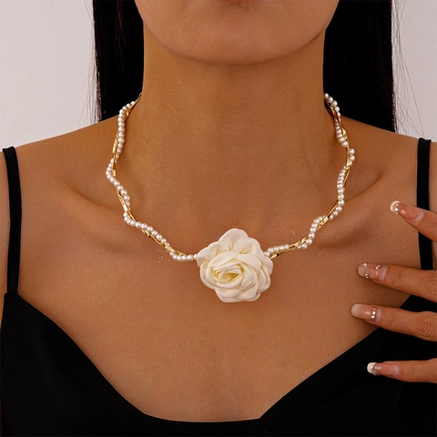 Collar Gargantilla De Flores De Tela Imitación Perla Artificial Cadena Retorcida Oro Retro Francés Accesorio Elegante Para Mujer