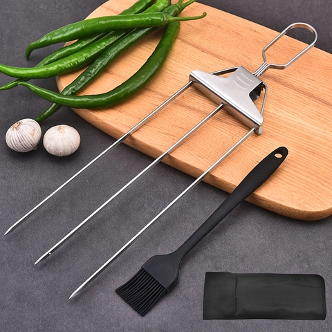 Barbecue Skewers 430 Stainless Steel Triple Head 3 Prong BBQ Forks With Semi-Automatic Food Push Slider For Outdoor Grilling