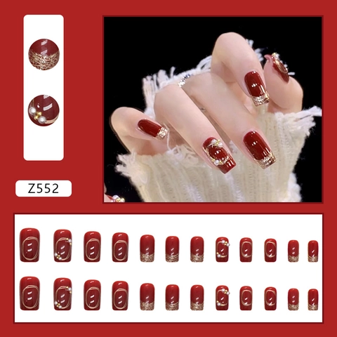 Unghie Finte Rosso Vino Stile Francese Polvere Dorata Luccicante Decorazione Künstliche Perle Borchie Metalliche Festivo Quadrata Tonda Donne