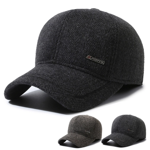 Herren Winter Baseballkappe Fischgrätmuster Wollmischung Ohrenschutz Dicke Warme Outdoor Sportmütze Verstellbar