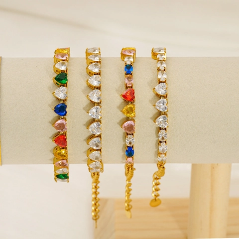 Bracelet Tennis Coeur Zircon Acier Inoxydable Plaque Or 18K Ajustable Scintillant Coloré Bijoux Pour Femmes
