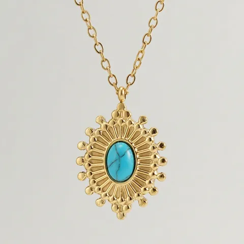 Collana con Ciondolo a Raggio di Sole in Acciaio Inossidabile Placcato Oro 18K con Pietra di Turchese Artificiale per Donna Gioielli