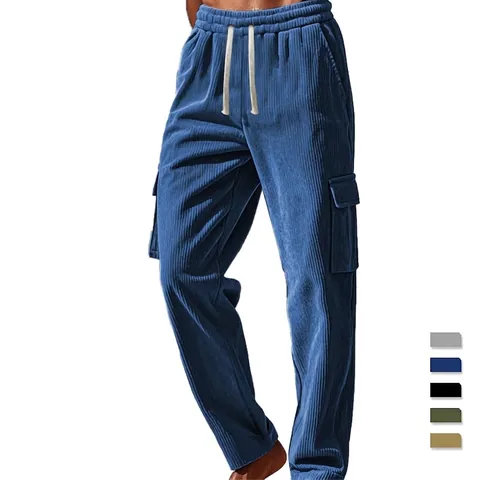 Pantalón Cargo De Pana Para Hombre Vintage Holgado Recto Con Múltiples Bolsillos Informal Cintura Con Cordón