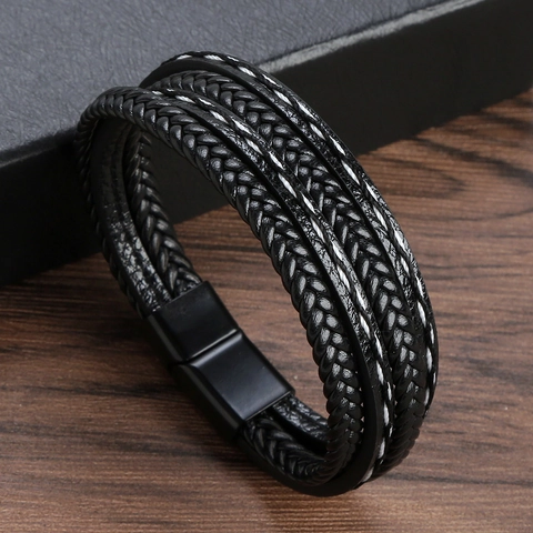 Men Braided Leather Bracelet Multi Layer Magnetic Clasp Alloy Handmade Casual Fashion Wristband For Male