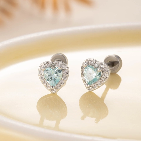 Heart Zirconia Stud Earrings Light Blue Titanium Steel Screw Back Cartilage Piercing Jewelry Elegant Women