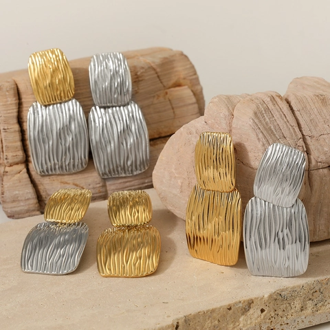 Orecchini Pendenti Geometrici In Acciaio Inossidabile Con Texture A Onde Per Donna Rettangolo A Strati