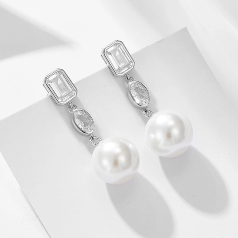 Elegant 925 Sterling Silver Pearl Drop Earrings Square Rhinestone Long Dangle Earrings For Women Wedding Party Jewelry
