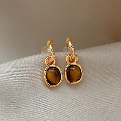 Vintage French Oval Tiger Eye Stone Stud Earrings With Silver Earring Post Gold Plated Elegant Jewelry Women
