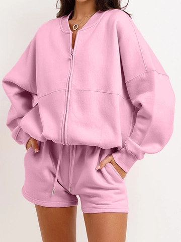 Tenues Décontractées Pour Femmes Veste Rose En Polyester À Manches Longues Et Fermeture Éclair Et Short À Cordon