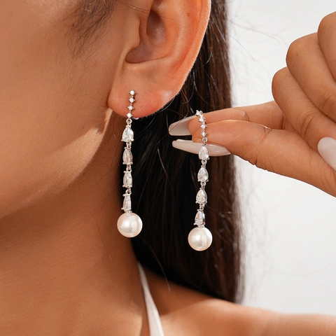 Teardrop Zircon Dangle Earrings Copper Imitation Artificial Pearl With 925 Sterling Silver Earring Post Elegant Wedding Jewelry