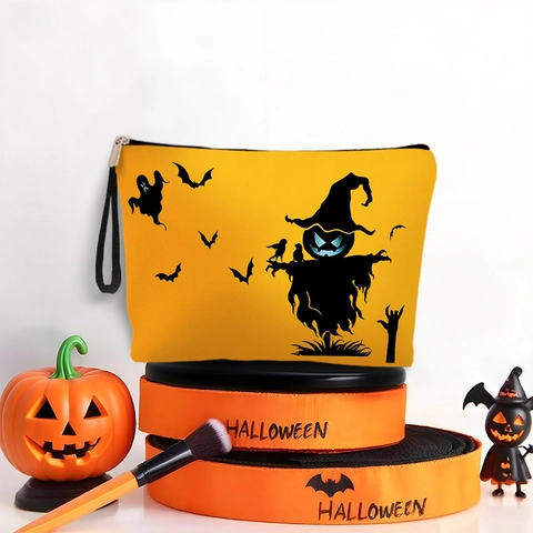 Halloween Makeup Bag Linen Zippered Cosmetic Pouch With Hand Strap Spooky Pumpkin Scarecrow Pattern Party Travel Bag