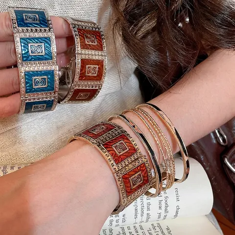 Vintage Boho Emaille Quadrat Geometrische Spirale Legierung Elastisches Armband Mode Retro Schmuck Für Frauen