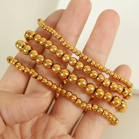 Bracelet À Perles En Acier Inoxydable Or Pour Femmes Poli Lisse Boule Métallique Chaîne Bijoux Accessoire De Mode