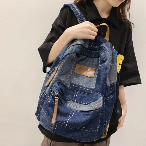 Σακίδιο Πλάτης Denim Patchwork Vintage Μεγάλης Χωρητικότητας Σχολική Τσάντα Για Μαθητές Εφήβους Casual Streetstyle