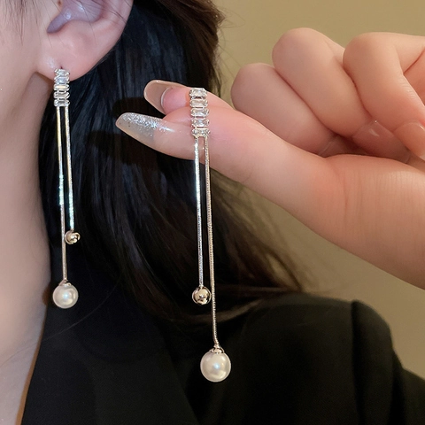 Orecchini Lunghi Con Nappa Con Perno In Argento Rame Zircone Imitazione Perla Artificial Gioielli Eleganti Minimalisti Per Donne