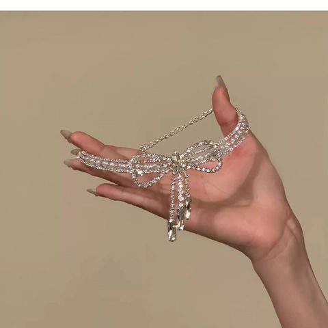 Rhinestone Bowknot Tassel Choker Necklace Copper Inlaid Zircon Faux Artificial Pearl Layered Elegant Jewelry For Women