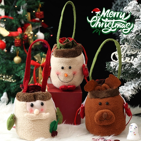 Christmas Gift Bag Santa Snowman Reindeer Handheld Drawstring Candy Apple Bag Polyester Plush Holiday Party Favor Packaging