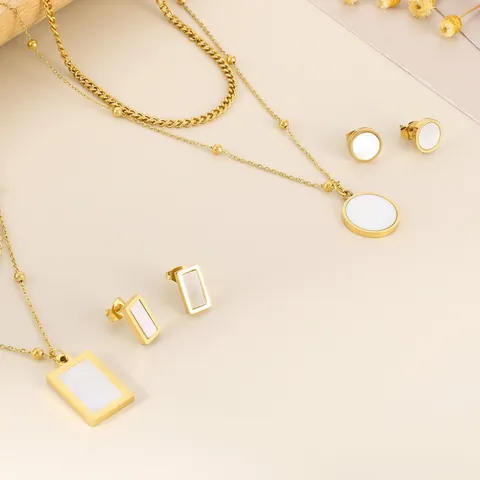 Stainless Steel Mother Of Artificial Pearl Necklace And Earrings Jewelry Double Layer Geometric Square Round Pendant Women