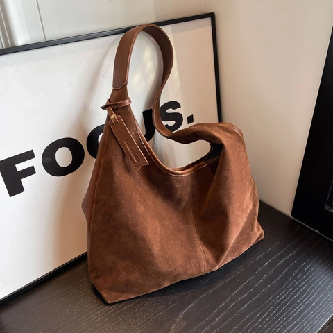 Retro Women Suede PU Leather Hobo Bag Large Capacity Soft Shoulder Tote Underarm Bag Simple Daily Commuter Handbag
