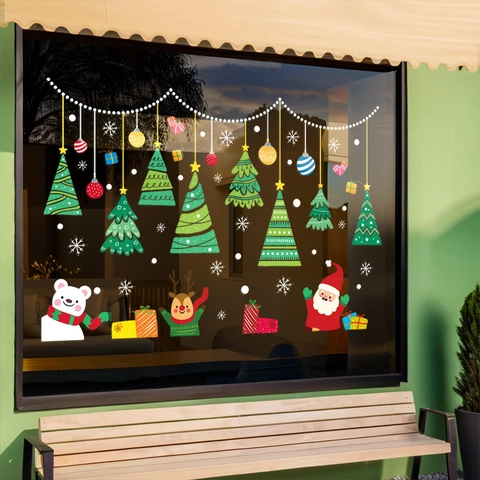 Christmas Window Stickers Static Cling PVC Reusable Santa Claus Reindeer Polar Bear Decals For Shop Glass Holiday Decor