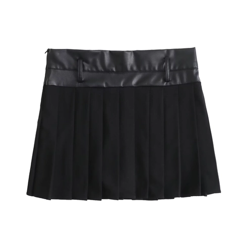 Women Pleated Skort High Waist PU Leather Patchwork A-Line Mini Skirt With Safety Shorts Streetwear Sexy Solid Black