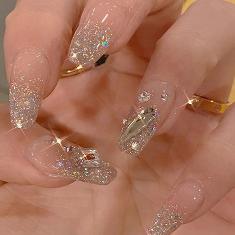 Uñas Postizas Degradado Rosa Largo Ataúd Resina ABS Con Pedrería Y Purpurina Plateada Acabado Brillante Resplandeciente