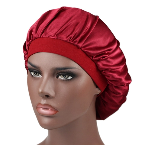 Women Satin Sleep Cap Large Bonnet For Hair Care Elastic Wide Band Night Sleeping Hat Solid Color Head Cover Headwrap