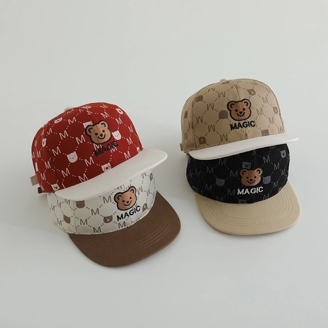 Kids Baseball Cap Cotton Polyester Bear Embroidery M Letter Print Flat Brim Hip Hop Hat Adjustable Boys Girls Sunshade