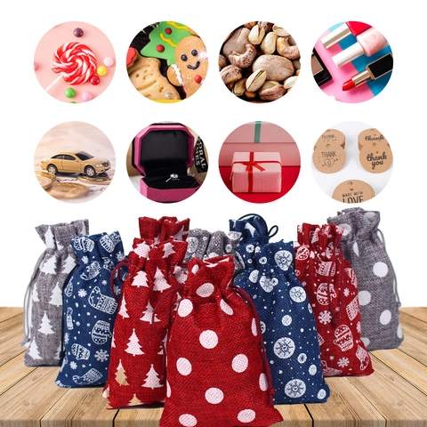 Christmas Drawstring Gift Bags Linen Polyester Pouch For Candy Jewelry Wrapping Printed Snowflake Tree Star Holiday Party