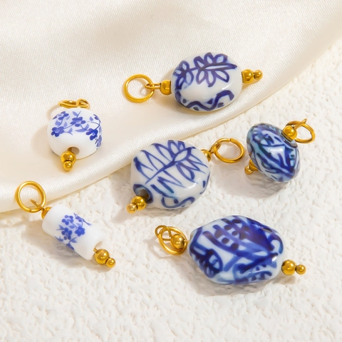 Stainless Steel Blue White Porcelain Ceramic Pendants DIY Jewelry Making Vintage Chinese Style Charms Necklace Decor