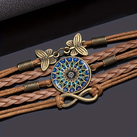 Handmade Multi-layer Leather Woven Bracelet Retro Bohemian Mandala Glass Charm Infinity Butterfly Alloy Jewelry Women