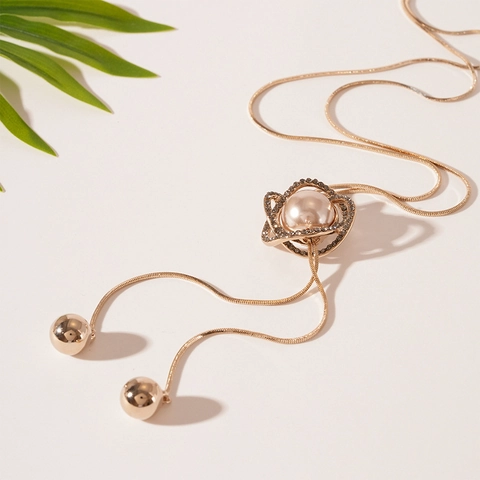 Collar Largo De Flor Hueca Vintage Con Aleación Brillantes E Imitación Perla Artificial Champán Borla Ajustable Cadena Suéter Mujer