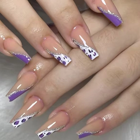 Purple Leopard Print French Press On Nails Long Coffin Ballet Shape Glitter Artificial Fake Nails For DIY Manicure Women
