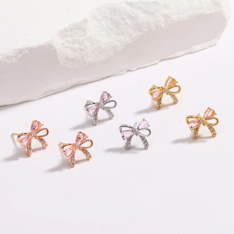 Bow Stud Earrings For Women Pink Zirconia Cute INS Style Brass 18K Gold Plated Elegant Bridal Jewelry Gifts
