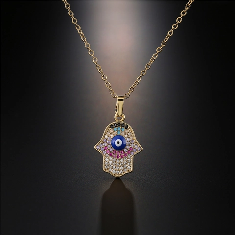 Hamsa Hand Evil Eye Anhänger Halskette 18 Karat Vergoldetes Kupfer Mit Bunten Zirkonia Amulett Schmuck Für Frauen