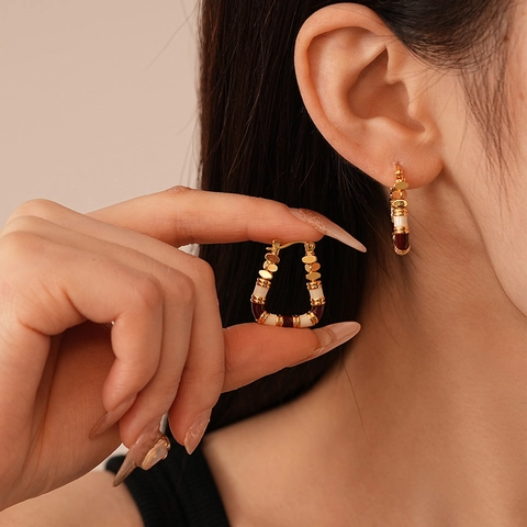 Pendientes De Aro Geométricos Vintage En Forma De U Con Poste De Acero Cobre Esmalte Color De Contraste Para Mujer