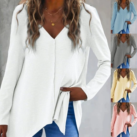 Women's Casual V-Neck Long Sleeve Knit Sweater Irregular Hem Waffle Texture Pullover Top Loose Fit Knitwear For Autumn Winter Ladies Clothing