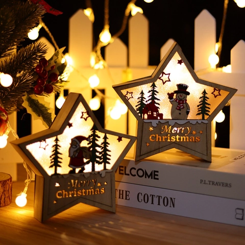 Christmas Wooden Star LED Light Ornament Luminous Hollow Santa Snowman Reindeer Desktop Decor Home Party Festive Gift