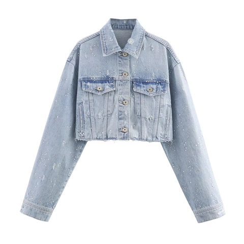 Giacca Corta In Denim E Pantaloni Vita Alta Donna Con Strass E Künstliche Perle Blu Chiaro Streetwear