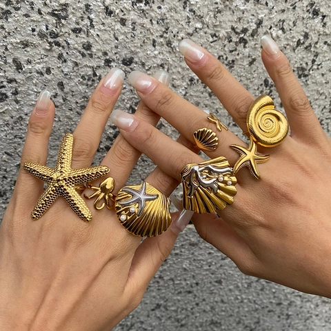 Ozean Thema Edelstahl Schmuckset Muschel Seestern Künstliche Perle Halskette Ohrringe Ring Für Frauen Strand Urlaub