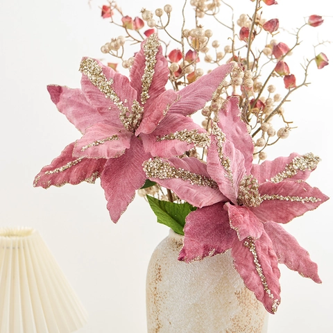 Künstliche Weihnachtsstern Blumen Glitzer Samt Stoff Deko Zweige Für Weihnachtsbaum Party Zuhause Dekoration