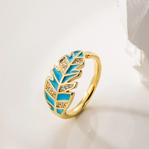 Eleganter Blattförmiger Offener Ring Kupfer Vergoldet Mit Farbigem Emaille Und Zirkonia Verstellbarer Modeschmuck Damen