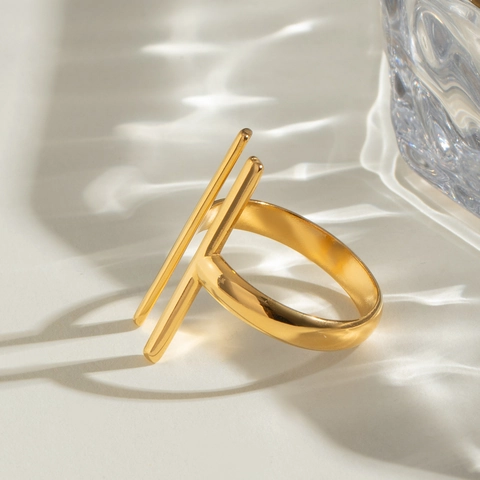 Minimalist 18K Gold Plated Stainless Steel Open Ring For Women Geometric Double Line Adjustable Waterproof Fashion Jewelry Finger Ring