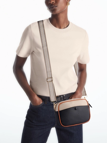 Women Contrast Color Crossbody Bag PU Leather Litchi Grain Patchwork Wide Woven Strap Casual Camera Shoulder Bag