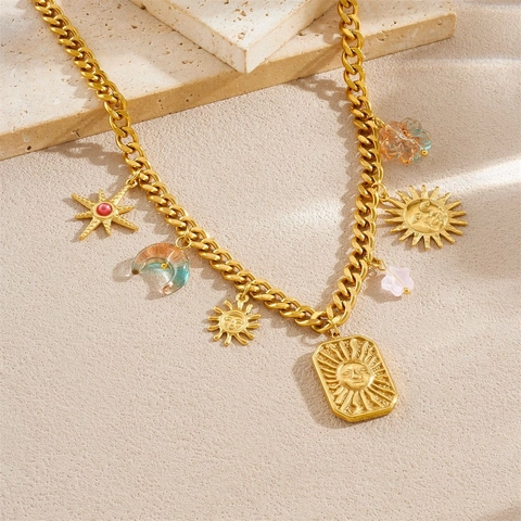 Celestial Jewelry Necklace And Bracelet Stainless Steel Gold Plated Sun Face Moon Star Flower Acrylic Pendant Women
